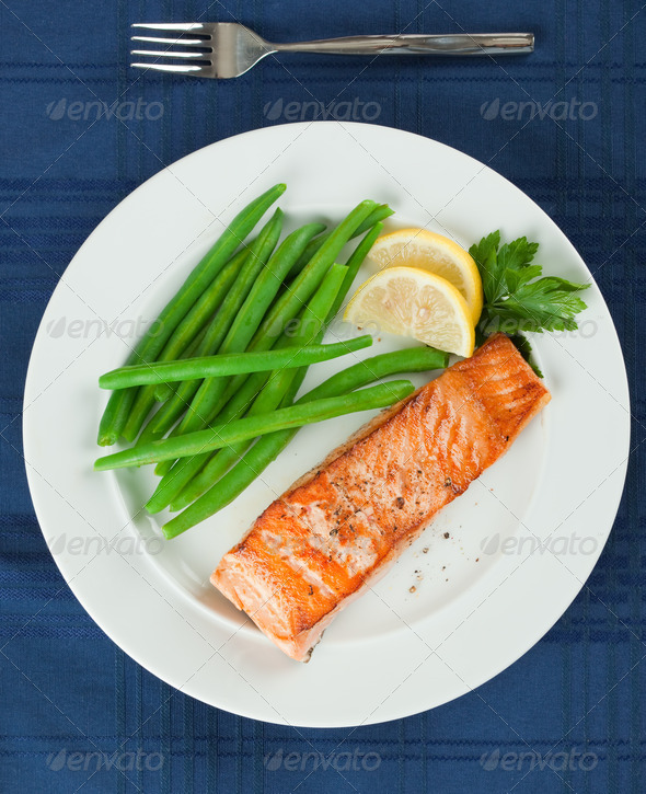 Straight View of Grilled Salmon Fillet with Green Beans Plate