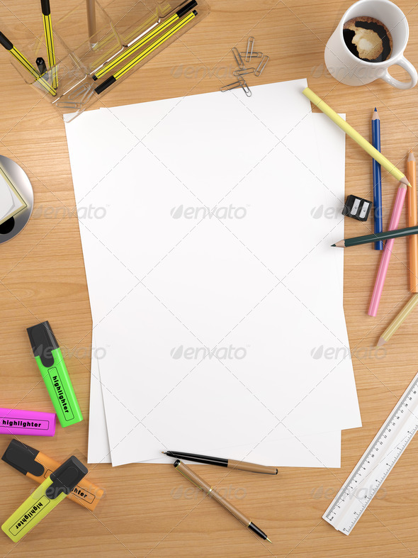 white empty sheet with lots of stationery objects makes a great copy space for you message or drawing