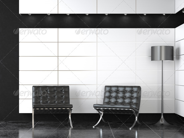 interior design of modern reception with two barcelona chairs and lamp in black and white colors
