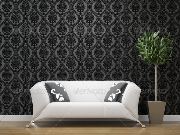interior design of white sofa on black and silver wallpaper background with copy space