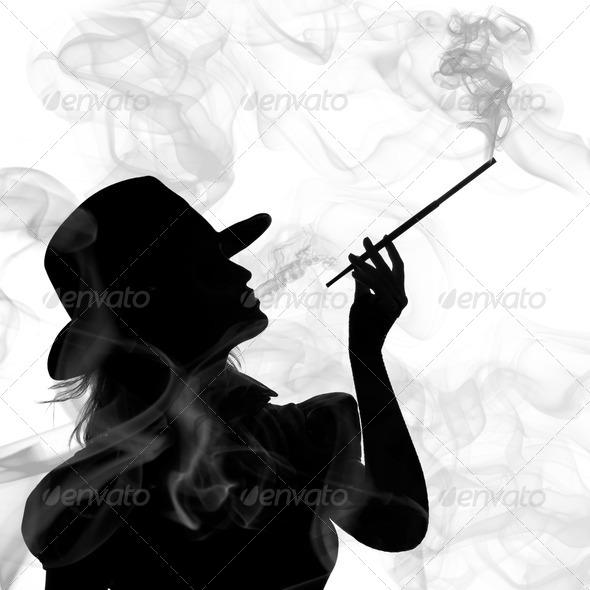 silhouette of smoking woman isolated on a white background