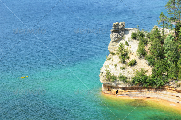 Kayaker Near Miners Castle at Pictured Rocks National Lakeshore in the Upper Peninsula of Michigan
