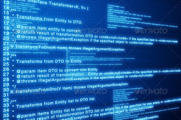 Virtual java code strokes on deep blue screen.