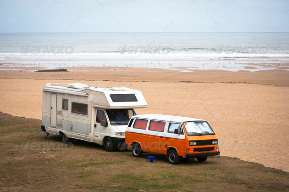 Mobile homes parked near the sea in the northern part of Spain.