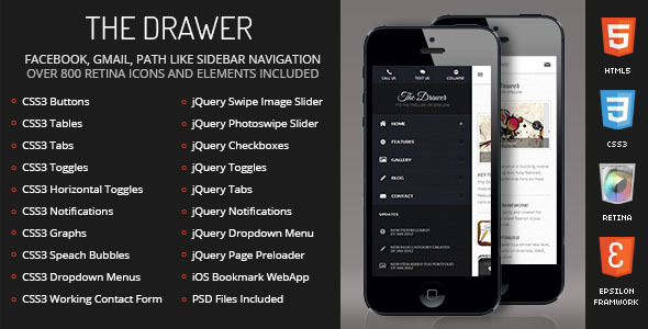 Drawer Mobile Retina | HTML5 & CSS3 And iWebApp - Mobile Site Templates
