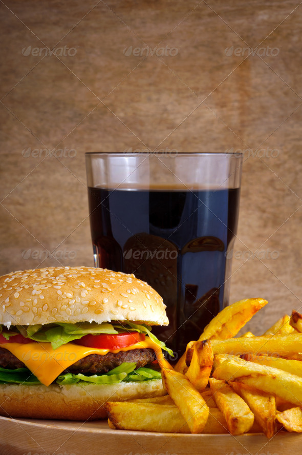 Hamburger menu with fries and cola