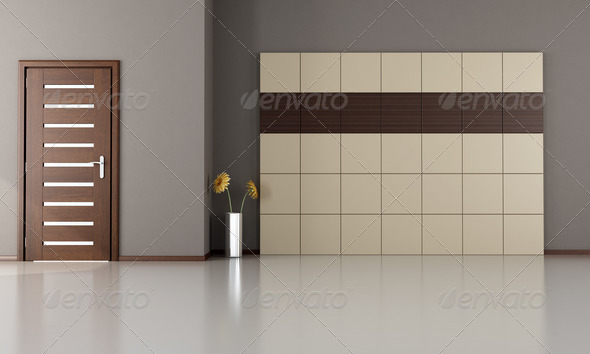 empty room with closed modern door-wood and laminate panels – rendering