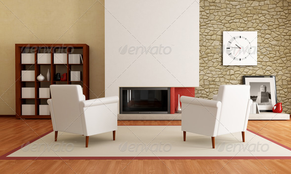 two white armchair in front a minimalist fireplace and stone wall-the image on wall is amy photo
