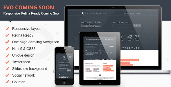 Evo Responsive Retina Ready Coming Soon Template - Under Construction Specialty Pages