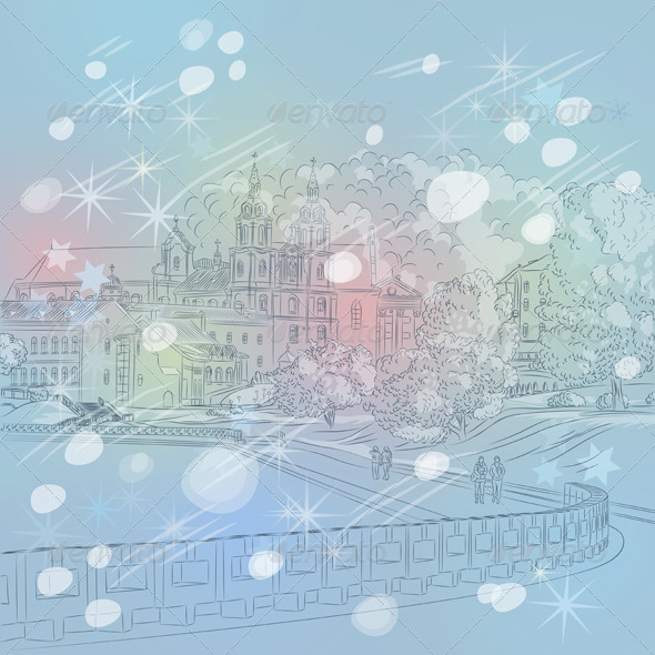 Vector Winter Christmas Sketch of a Old Town (Buildings)