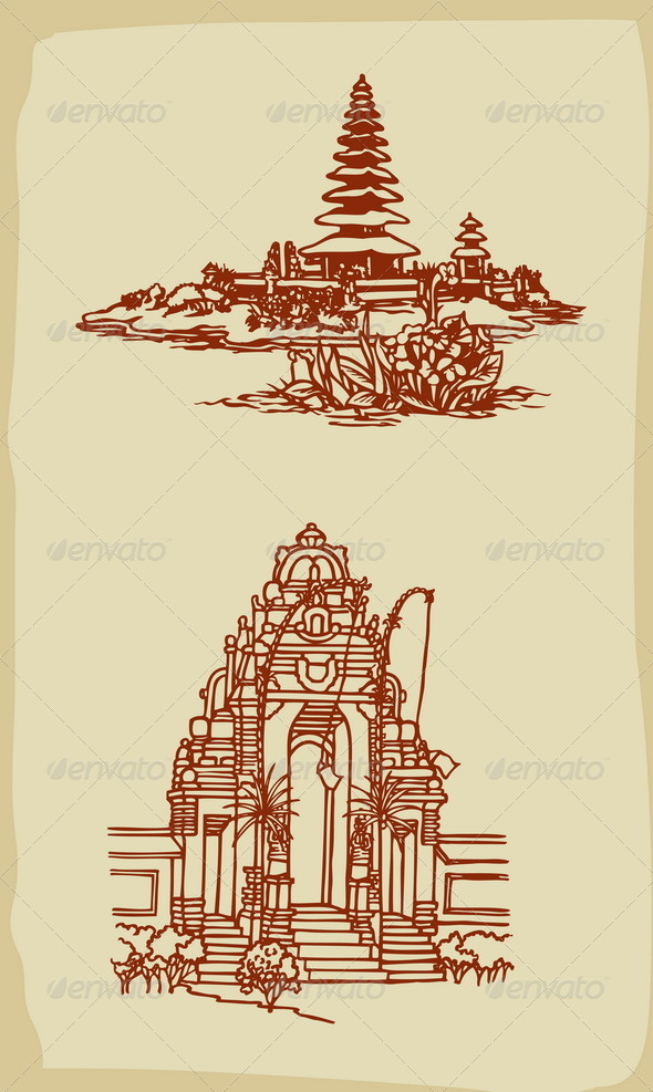 Balinese Temple Illustrations Vintage Style (Buildings)