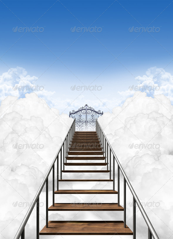 A depiction of the stairway to heavens pearly gates above the clouds on a clear blue sky background