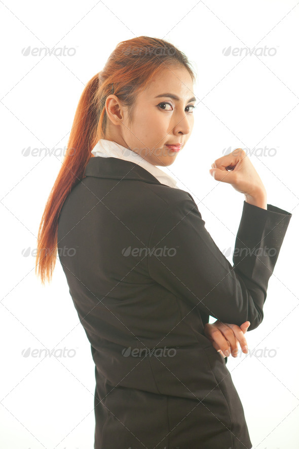 Boxing business asian woman punching towards camera isolated on white background