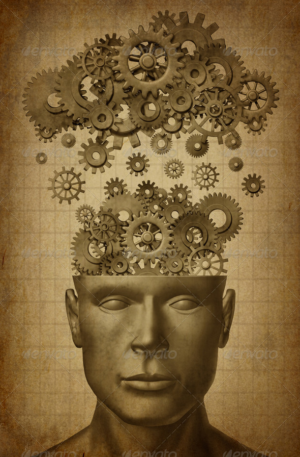 Learn & Lead symbol with grunge texture isolated on white represented by a human head with gears and cogs raining down from a symbolic server representing cloud computing.