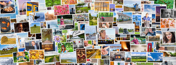 Collage of images of a persons life in an exact social media banner size - Stock Photo - Images