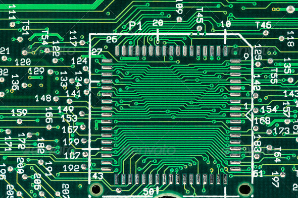 Green printed circuit board shown from the electrical paths side