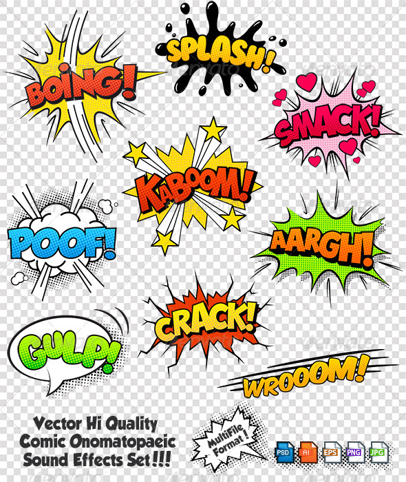 Collection of nine multicolored comic sound Effects. This Graphic set ...