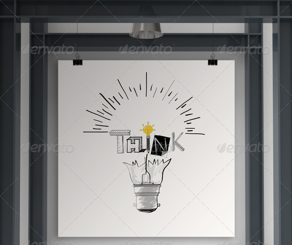 holding poster show hand drawn light bulb and THINK word design as concept