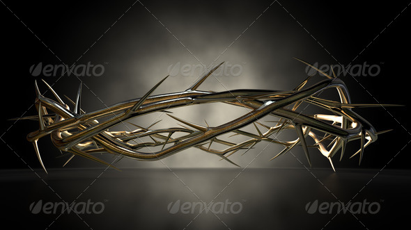 A eye level view of a gold casting sculpture of branches of thorns woven into a crown depicting the crucifixion on a dark reflective surface spotlit by an eerie light