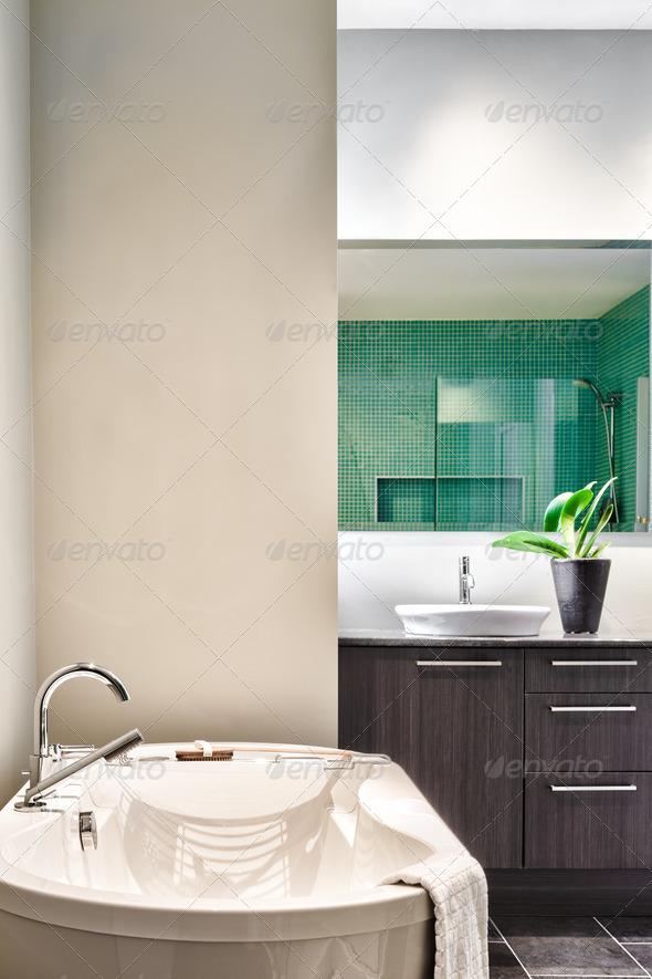 Modern Bathroom with blank wall for your test, image or logo. Soft Green Pastel Colors