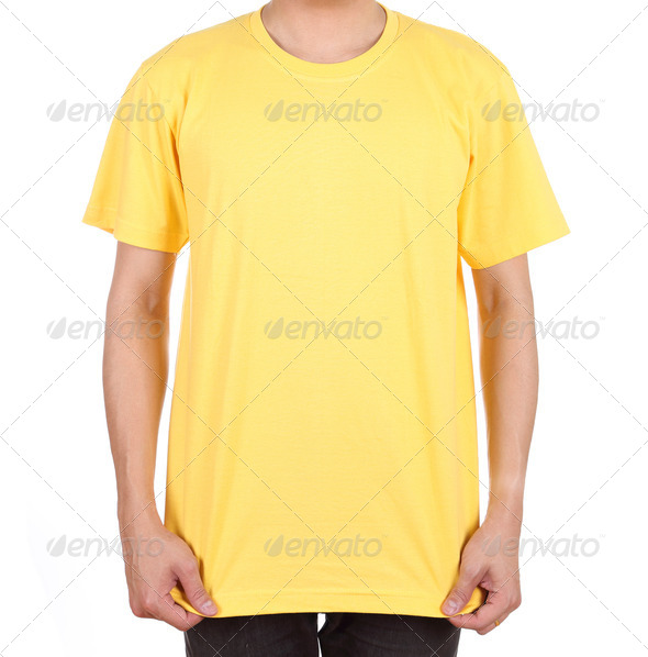 blank yellow t-shirt on man (front side) isolated on white background