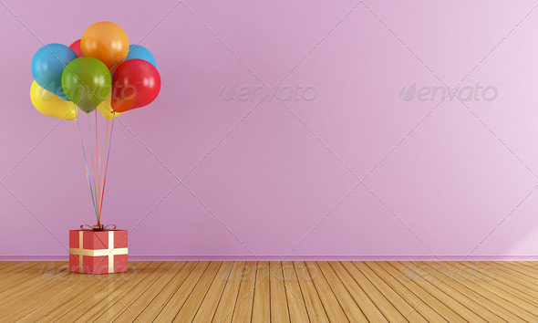 Pink room with gift box and colorful balloons – rendering