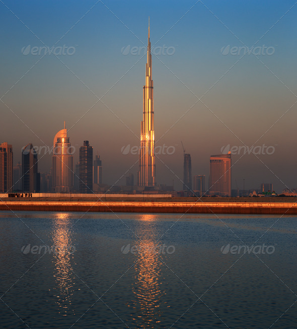 Dubai skyline as seen from Business Bay shot just before dawn