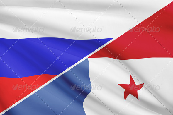 Series of ruffled flags. Russia and Republic of Panama.
