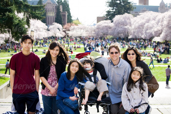 Family of seven in front of cherry blossom trees
