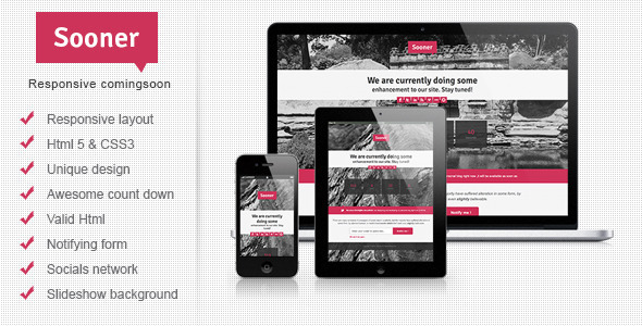 Sooner Responsive Comingsoon Template - Under Construction Specialty Pages