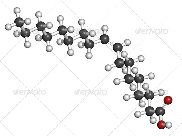 Oleic acid omega-9 fatty acid, molecular model
