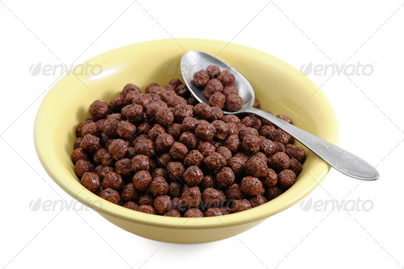 Chocolate Cereals in Bowl Isolated on White Background